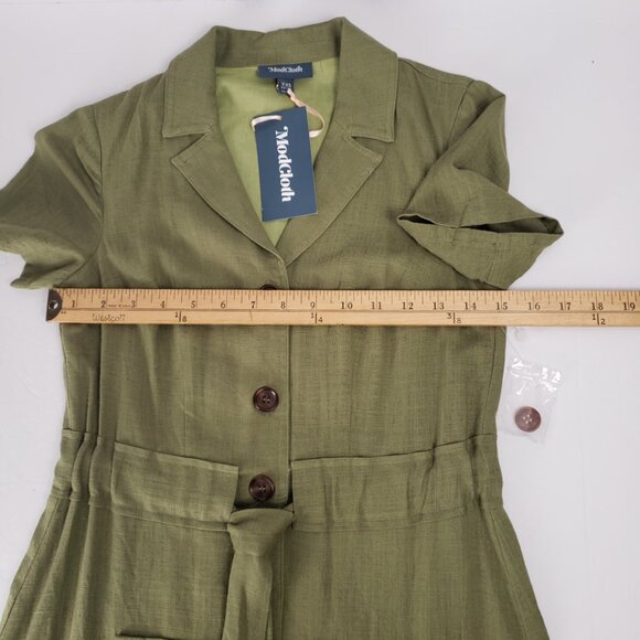 ModCloth XXS Dress Olive Green Linen Pockets Button Shirt Belt Tie Khaki NWT - Picture 13 of 15